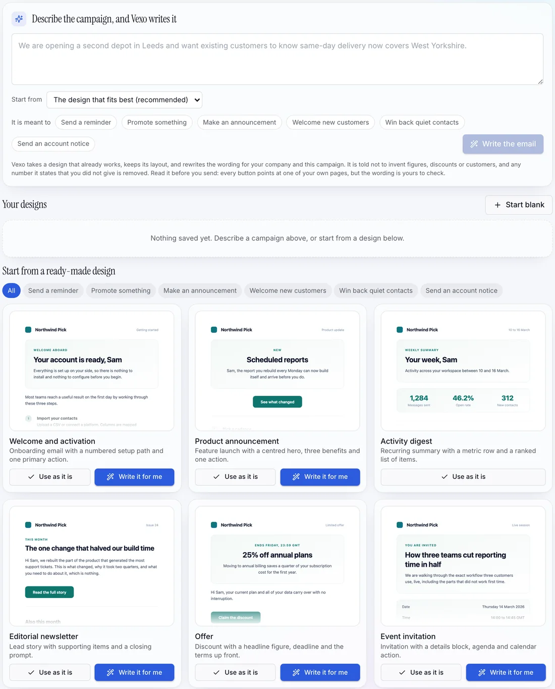 touchbase's email designs: describe a campaign and touchbase writes it, with ready-made designs for a welcome, a product announcement, a digest, a newsletter, an offer and an event