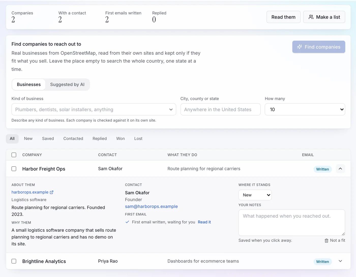 touchbase's Find companies screen: a company opened to show what it does, why it fits and its contact, with its first email written and waiting
