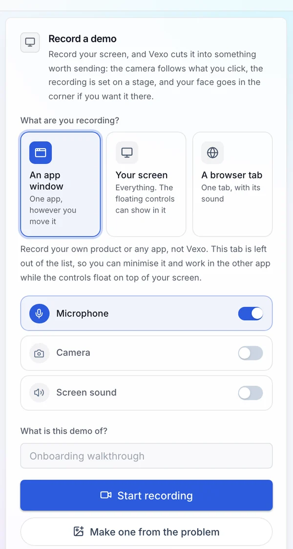 touchbase's record a demo panel: choose an app window, your screen or a browser tab, then start recording