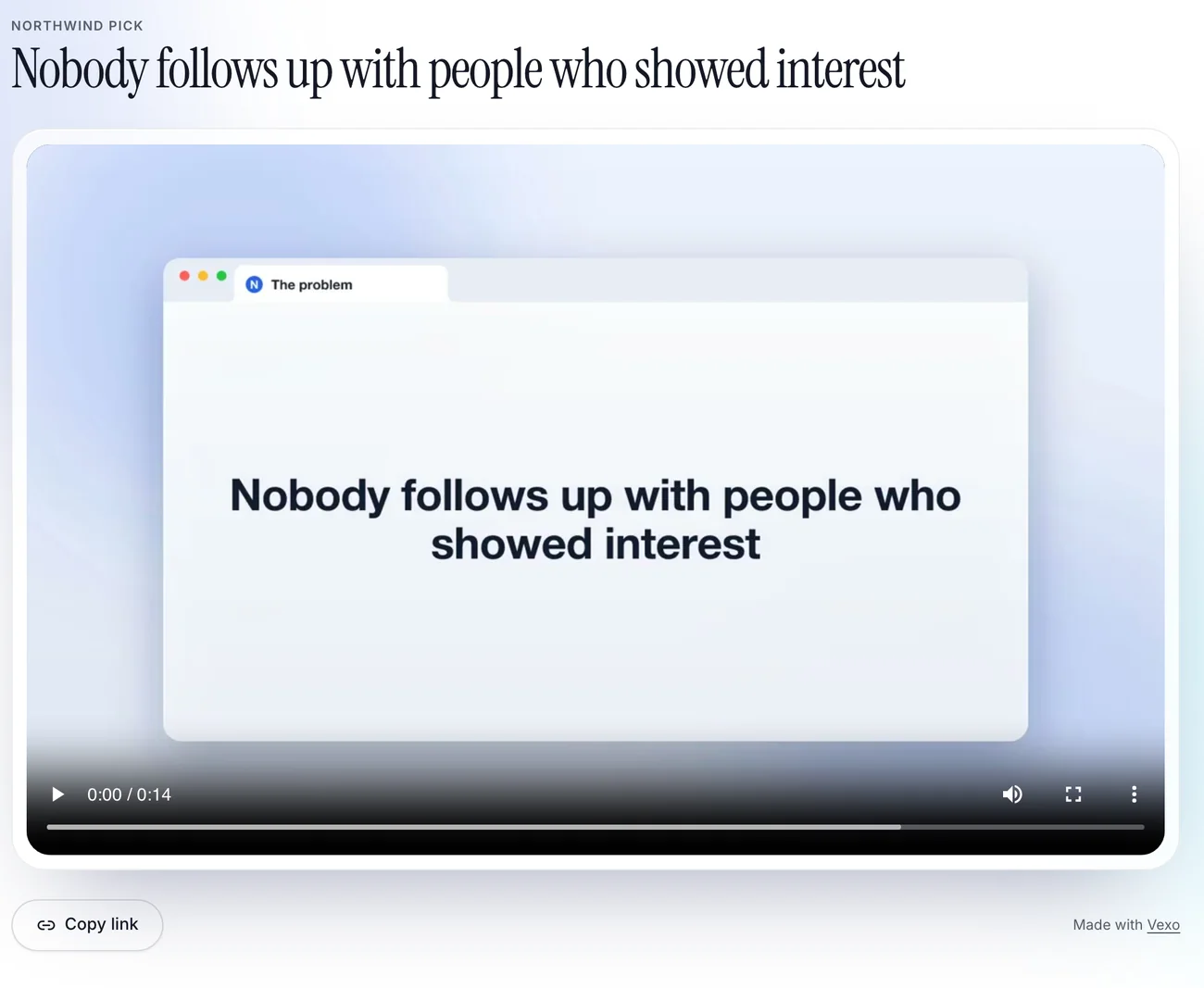 A finished demo on its share page: the demo in a glass browser tab, a copy link button and a Made with touchbase credit