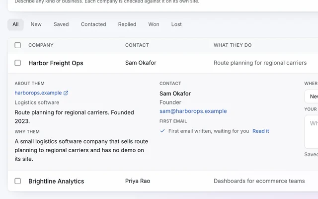A company opened in touchbase, with why it fits and its contact